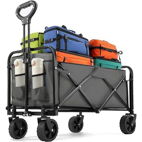 Collapsible Wagon 220 lbs, Heavy Duty Wagon Carts Foldable, Portable Wagons for Groceries, Beach Cart with All-Terrain Wheels & Drink Holders, Utility Wagons for Shopping, Sports, Camping, Grey