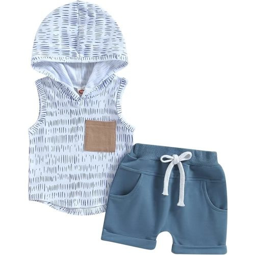 BemeyourBBs Toddler Baby Boy Summer Outfit Hooded Top with Pocket and Elastic Waist Shorts Set Infant Boy Clothes - 0-6 Months - Blue