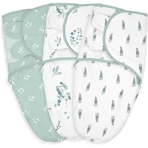 Baby Swaddle Sacks, 3-Pack Newborn Organic Cotton Swaddle Wrap, Adjustable Swaddling Blankets, Nursery Swaddling Essentials for Newborn 0-3 Months, Infant Shower Items Gift (Leaves & Trees)