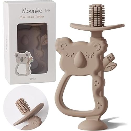 Moonkie Teething Toy, Safe & Easy to Hold BPA Free Silicone Teethers, 360° Baby Toothbrush with Suction Base, Teether Toys Best for Babies 6-12 Months (Koala Warm Taupe)
