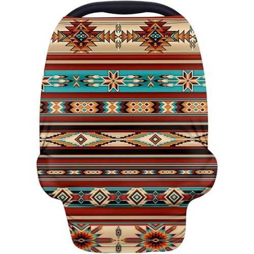 Nativa American Indian Tribal Aztec Stripe Geometry Print Nursing Cover Breastfeeding Scarf Southwest Red Pattern Baby Car Seat Covers, Infant Canopy Stroller Coverage for Girls Boys