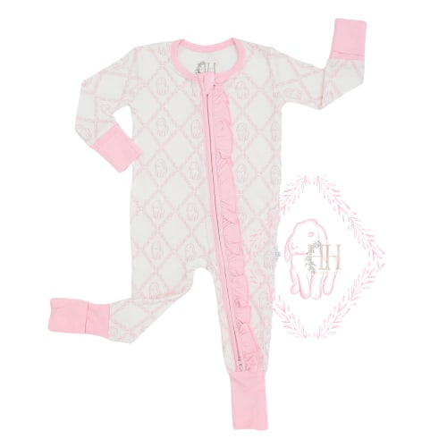 Girls Pink Dainty Bunny Double Zipper Romper