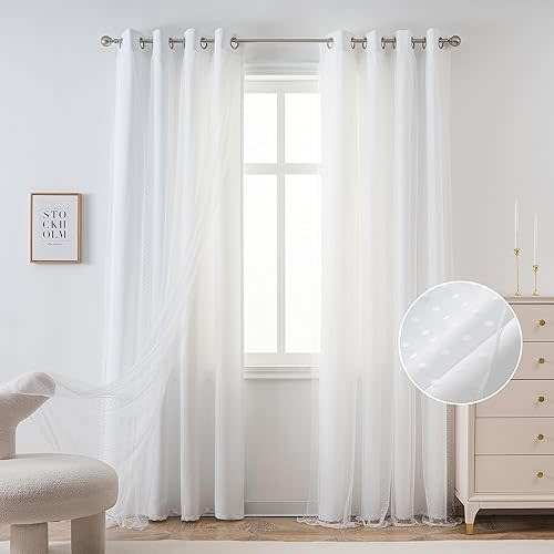 MYSKY HOME White Curtains for Living Room 90 Inches Long Thermal Insulated Curtain with Tiebacks Cute Polka Dots Sheer Double Layer Curtains Dining Room Bedroom Window Treatment Grommet 52" x 90"