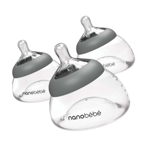 Nanobebe Breastmilk Bottle, Breastfeeding Newborn Breast-like, Anti Colic, Perfect Latch, Preserves Breast Milk Nutrients, 3-Pack, Grey