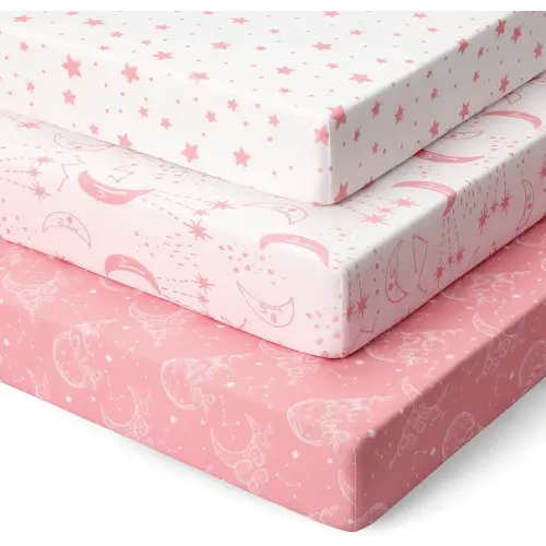 Pack and Play Sheets Fitted 3 Pack, Mini Crib Sheets for Pack N Play Mattress Stretchy Portable Playard Sheets, Soft Breathable Pink White Moon