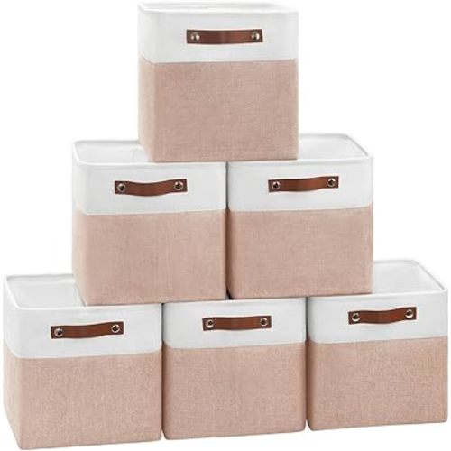 Collapsible Fabric Cube Storage Bins 11x11×11, Pack of 6 Closet Basket Boxes with PU Handles for Organizing Shelves, Toys, Clothes, Home, Office,Laundry,Office(White&Pink)