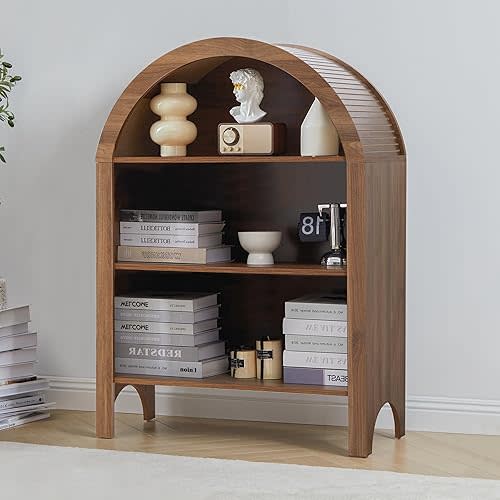 Freestanding Arched Bookcase, Modern 3-Tier Open Bookshelf, Low Short Bookshelf with Adjustable Shelves, Arched Storage Display Cabinet Organizer for Office, Living Room (Walnut, 1pcs)
