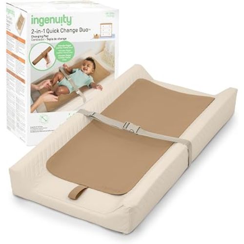 Ingenuity 2-in-1 Quick Change Duo Changing Pad with Travel Liner – Wipeable, Water-Resistant Vinyl, Contoured Sides & Safety Strap
