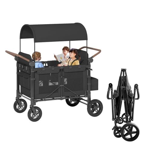 4 Seater Wagon Stroller,Foldable Stroller with Safety Belt, Puncture-Proof Tires, All-Terrain Wagon with 360° Swivel Lockable Wheels, Large Storage Bag, Canopy.