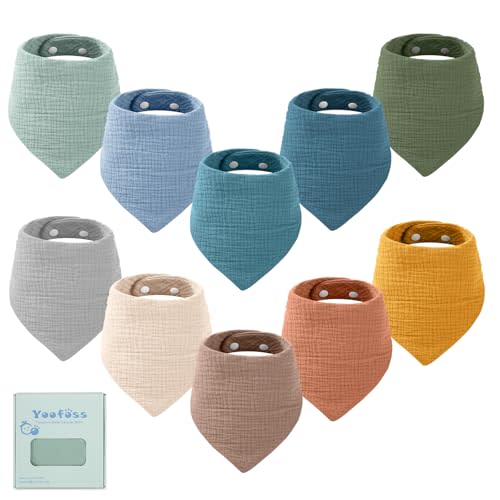 Yoofoss Muslin Baby Bibs 10 Pack Bandana Bibs 100% Cotton 6-Layer Soft Absorbent Drool Bibs for Boys and Girls, Beige & Blue