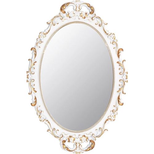 Vintage Decorative White Framed Mirror, Small Oval Wall Hanging Mirror - 9.6" W x 14.3" L (White)