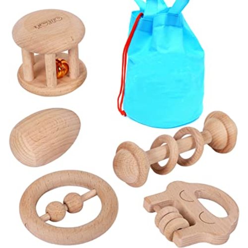 Wooden Rattles Maracas Baby Toys 6 Months-Organic Eco Toys for Infant Grasping Teething Natural Tether Musical Instrument Shaker Sensory Brain Development Newborn Birth Gift for Boys Girls