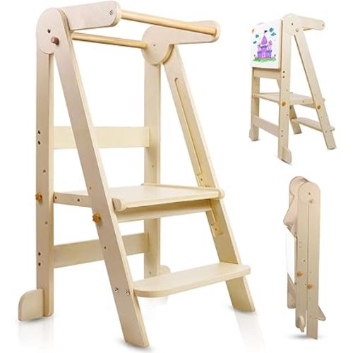 Foldable Toddler Kitchen Tower Step Stool, Standing Tower with Whiteboard, Toddler Kitchen Stool Helper with 3 Adjustable Height, Step Stool for Kids 1-6 Years, Natural