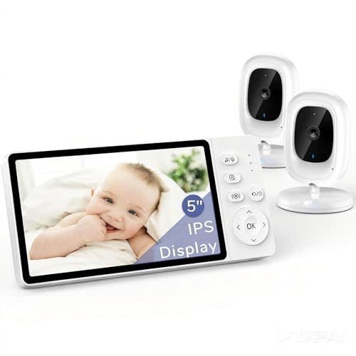 jeeber Video Baby Monitor, 2 Cameras, 1080P 5" IPS Screen, No WiFi | HD Night Vision, Two-Way Talk, 3X Zoom, Temperature Sensor, Built-in Lullabies
