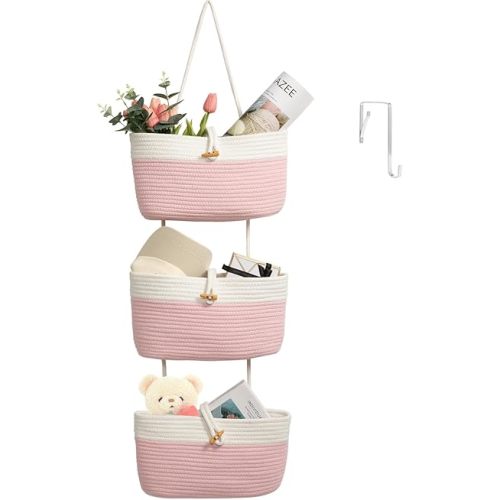 Over The Door Hanging Baskets with Button Strap, 3-Tier Woven Cotton Storage Organizer Bag, Wall-Mounted with Hook Decorative Hanging Nursery Baskets - Pink+White