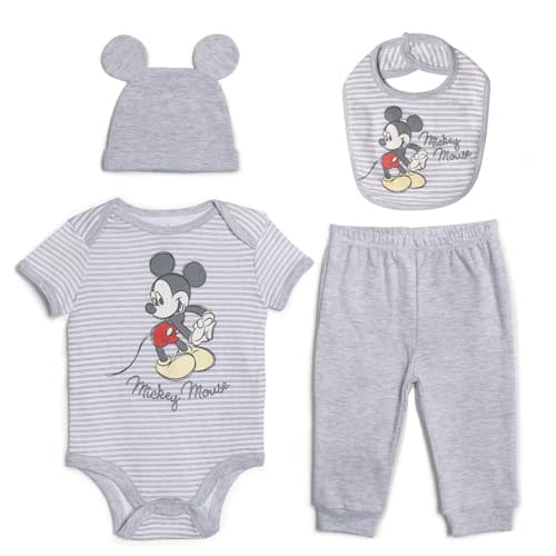 Disney Mickey Mouse 4 Piece Outfit Set: Bodysuit Pants Bib Hat