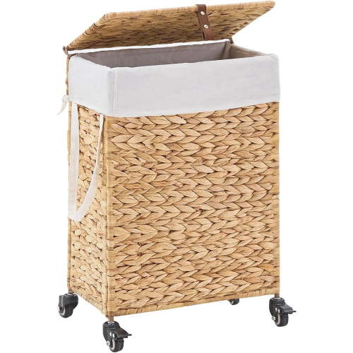 Casa Pura Furniture Adult Slim Rolling Handwoven Natural Water Hyacinth Laundry Hamper with Removable Liner & Wheels, Off-White