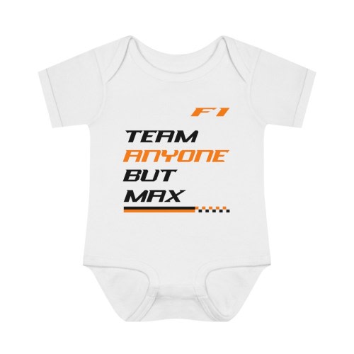 F1 Team Anyone But Max Infant Baby Rib Bodysuit in McLaren Colors
