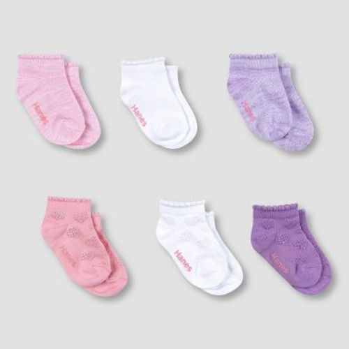 Hanes Premium Baby Girls' 6pk Low Cut Comfortsoft Socks - Colors May Vary 6-12M: Breathable Knit, Nonslip Grippers