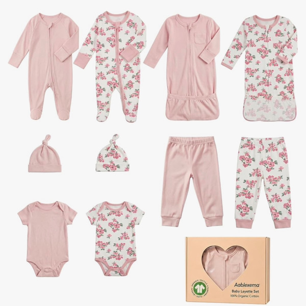 Aablexema Organic Cotton Unisex Baby Layette Registry Clothes Set | 10Pcs Newborn Welcome Home Clothes Gift Set with Night Gowns, Zip Up Footie Pajamas, Bodysuit, Pant, Hat, Gift Box