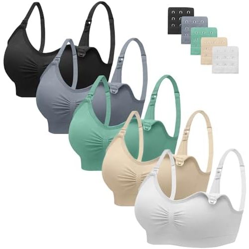 Angelhood Nursing Bra 5 Pack Womens Maternity Breastfeeding Bra Seamless Wireless Sleep Bra with Bra Extenders