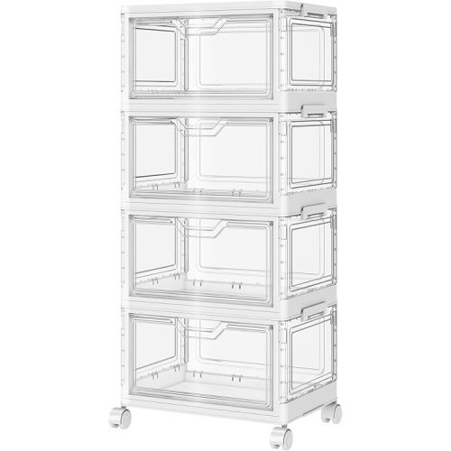 SNSLXH Portable Clear Storage Bins with Lid & Wheels, 24QT Clear Storage Bins with Lid, 4-Tier Plastic Bins with Wheels, Stackable, Magnetic Doors, for Bedroom, Living Room, Office