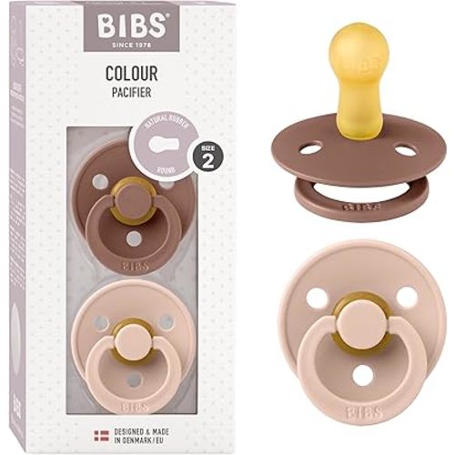 BIBS Pacifiers Colour Collection | Natural Rubber Baby Pacifier | Set of 2 BPA-Free Soothers | Made in Denmark | 6+ Months (Pack of 2) | Woodchuck/Blush