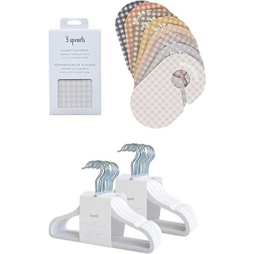 3 Sprouts Closet Dividers & Hangers Bundle - 8 Baby Size Dividers (Gingham) and 30 Velvet Hangers for Baby Clothes (White)
