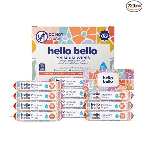 Hello Bello Premium Wipes, Designed for Sensitive Skin with Chamomile & Aloe Extracts, Flower Pop (12 Resealable Packets = 720 Total Wipes)