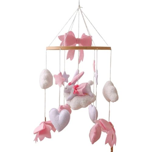 Boho Baby Crib Mobile - Hand-Crocheted Rabbit with Pink Bow & Celestial Decor, Gender-Neutral Nursery Mobile for Boys & Girls (Stars, Clouds, Moon)