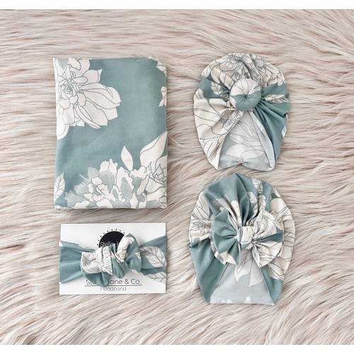 Baby swaddle set in &quot;Eloise” Light Teal Floral with matching Floral Turban, baby photo prop, Bow turban, Bun turban, hospital set, gift,