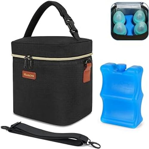 Breastmilk Cooler Bag with Ice Pack, Mancro Baby Bottle Bag Fits 4 Baby Bottles Up to 9 Ounce with Detechable Shoulder Strap, Great Breast Milk Cooler Travel, Black