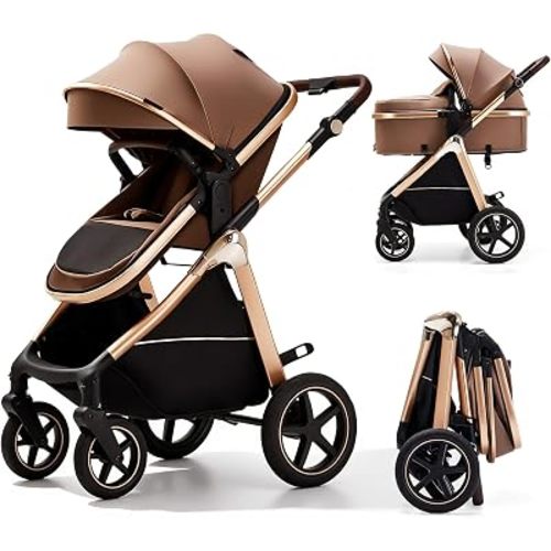 2-in-1 Convertible Baby Stroller, 0-36M Reversible Fully Reclining Seat, One-Hand Fold, All-Wheel Suspension, Khaki with Gold Frame