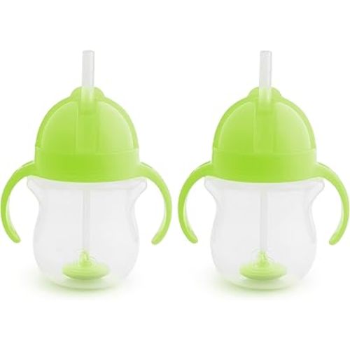 Munchkin Any Angle Sippy Cup for Toddlers, Weighted Straw Trainer Cup with Click Lock Lid, 7 Ounce, 2 Pack, Green