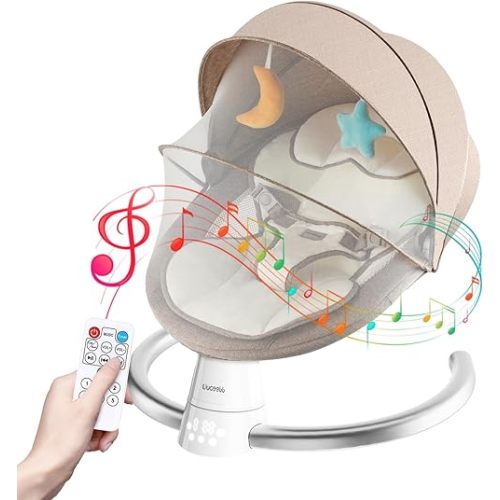 Baby Swing for Infants, Portable Electric Baby Rocker Bluetooth Support with 5 Swing Speed 10 Lullabies, Remote Control/Touch Panel - Infant Swing for Indoor and Outdoor Use, Khaki