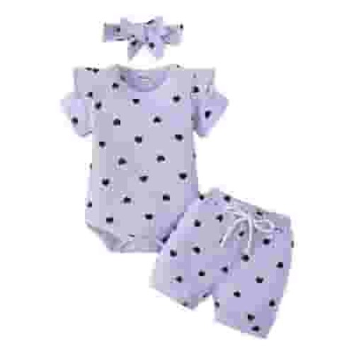 Gibobby Baby Girl Clothes Baby Girls Summer Outfit Ribbed Knit Ruffle Romper Floral Shorts Set Headband Baby Clothes(Purple,6-9 Months)
