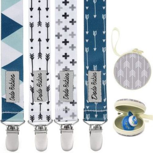 Dodo Babies Pacifier Clip Set - Four Clips Plus Binky Case - Universal Holder Fits Most Paci Brands, Teether Toys