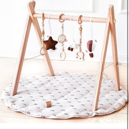 Wooden Baby Play Gym with Mat, Foldable Baby Play Gym Frame Activity Gym Hanging Bar with 6 Gym Baby Toys Rainbow Playmats for Newborn Baby (Natural)