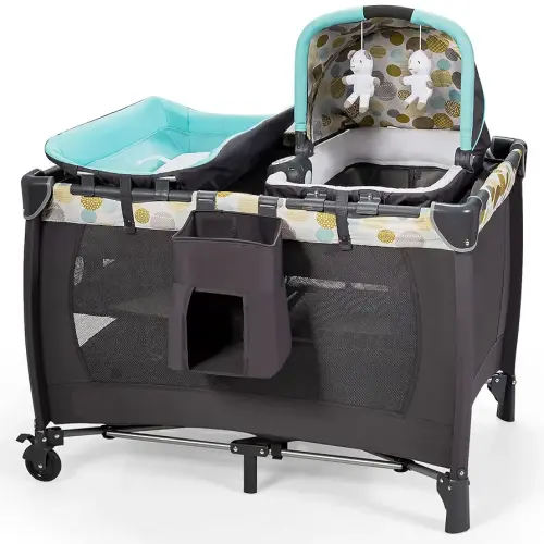 HONEY JOY 4-in-1 Pack and Play with Bassinet, Infant Nursery Center Pack and Play w/Newborn Cradle & Hanging Toys, Diaper Storage Bag, Music, Carry Bag, Portable Baby Playard w/Changing Station (Blue)
