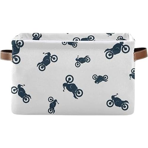 Motorcycle White Pattern Rectangular Storage Bin Basket with Handles - Laundry Hamper Nursery Storage Storage Baskets
