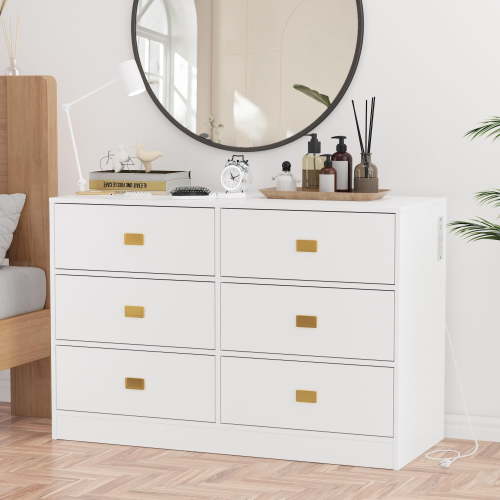Roromall Dresser for Bedroom with 6 Drawers, Changing Table Dresser with Changing Table Top, Nursery Dresser Diaper Changing Station for Baby with Power Outlets, Changing Pad & Removable Top