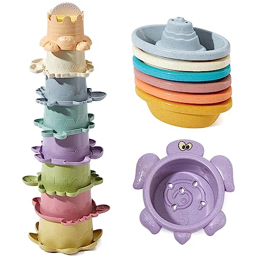 Bath Toys Floating Boats Train with Bathing Spoon, 14 PCS Bathtub Mold Free Sea Animal Shapes Bath Toy for Babies Water Table Toys Toddler Birthday Gift for Preschool Boys/Girls