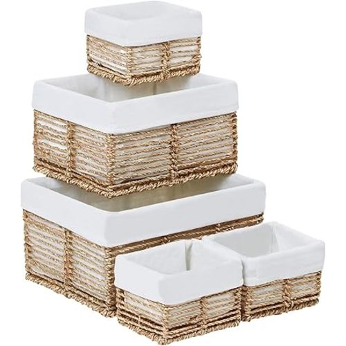 Vagusicc Wicker Storage Basket, 5 Pack Baskets for Organizing, Seagrass Storage Baskets, Rectangular Wicker Baskets for Storage Shelves, Cube Storage Bins For Closet/Clothes/Dresser