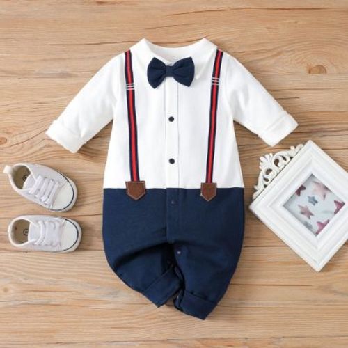 PATPAT Baby Newborn Infant Boys Gender Neutral Long Sleeve Button White Blue Bow Tie Romper Jumpsuit Outfits Clothes