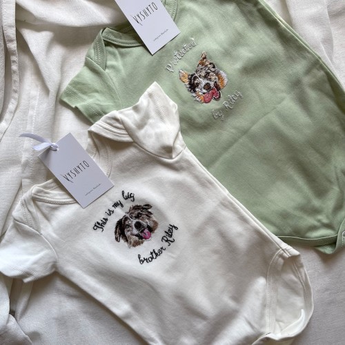 Custom Hand Embroidered Baby Body Suit, Protected By Dog Onesie, Baby Shower Gifts, Pregnancy Announcement, gift newborn for Christmas