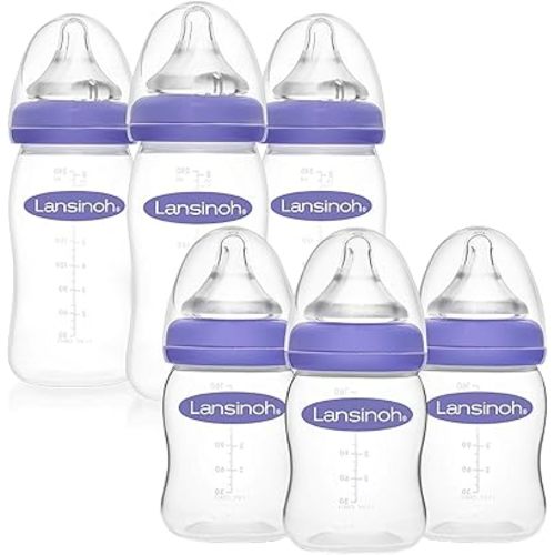 Lansinoh Anti-Colic Baby Bottles for Feeding Babies, 3 Count Each of 5 Ounces and 8 Ounces, 6 Bottles Total, includes 3 Medium Flow Nipples (Size M) and 3 Slow Flow Nipples (Size S)