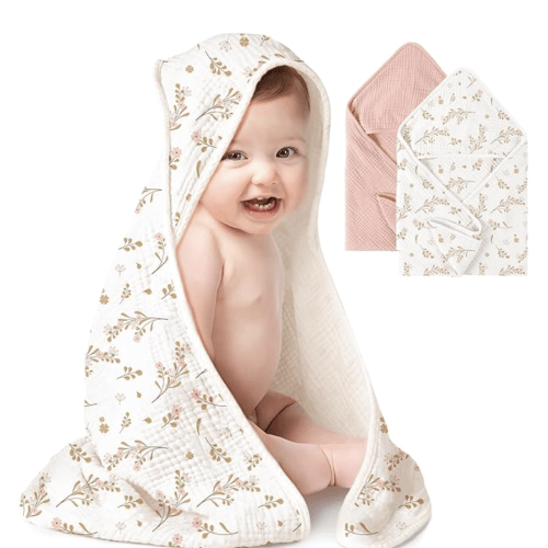 Konssy 2-Pack Muslin Hooded Baby Towels, 100% Cotton, Ultra-Soft & Absorbent Baby Bath Towels with Hood for Newborn & Infant (Pink, Floral,32" x 32")