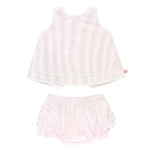 RuffleButts Girls Seersucker Ric Rac Swing Top and Bloomer Set, Color: Pink, Size: 3-6 months