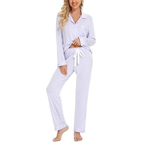 Anjue Pajamas for Women Soft Button Up Pajama Set Long Sleeve Shirt and Pajama Pants Lounge Sets S-XXL