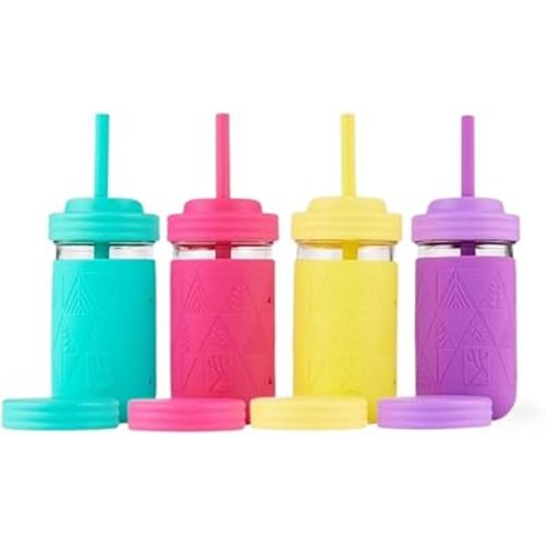 Elk and Friends Kids + Toddler Glass Cups | The Original 12oz Glass Mason Jar with Sleeves + Lids | Silicone Straws + Stopper | Smoothie Cup | Food Storage | Spill Resistant | Dishwasher Safe | 4 Pack